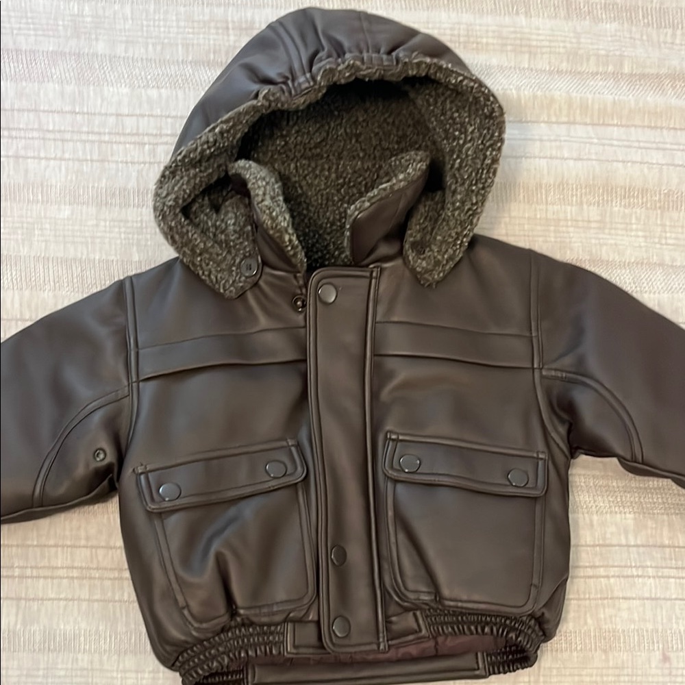 Boys 24 month Brown Faux Leather Hooded Bomber Jacket